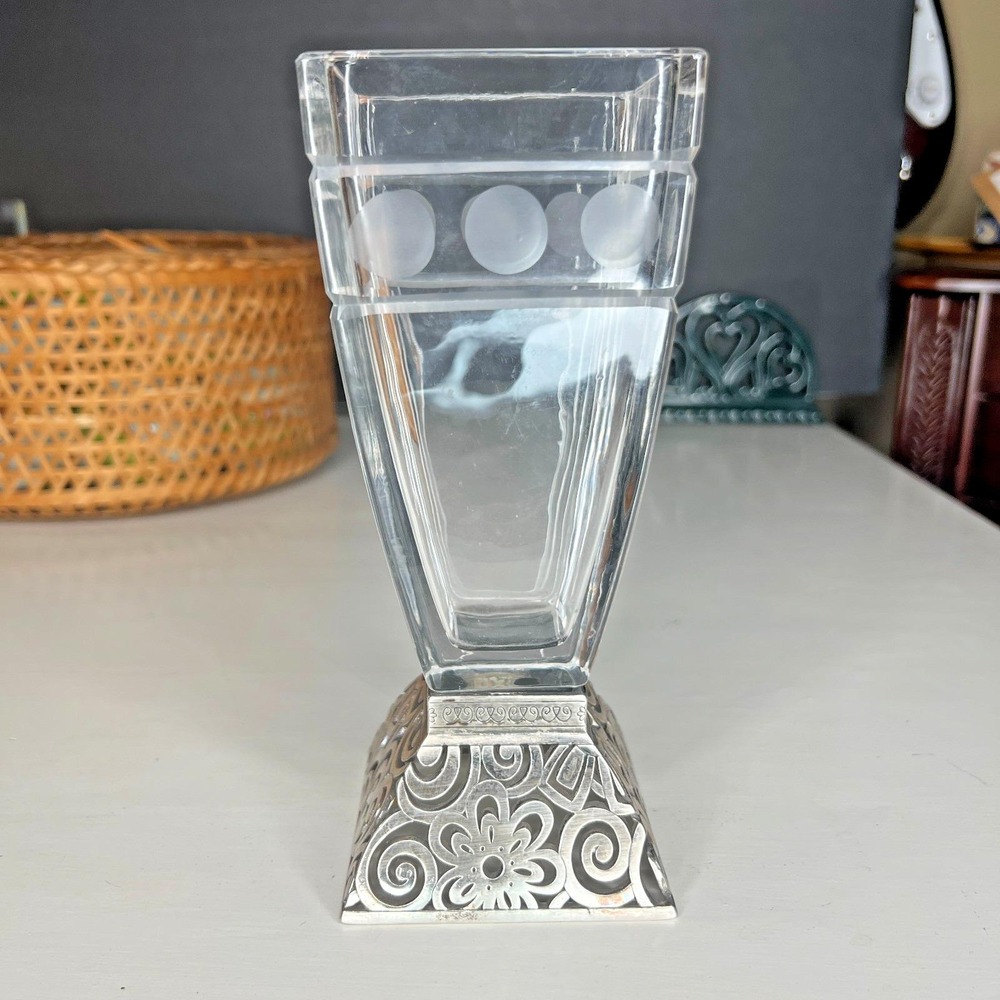 VTG Brighton Lacie Daisy Clear Etched Glass Vase Art Deco Style 7.5" - Picture 7 of 10